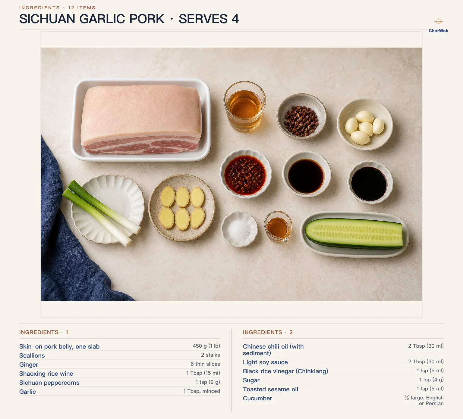 English ingredient image for Sichuan garlic pork slices: 450 g skin-on pork belly, 2 scallions, 6 ginger slices, Shaoxing wine, Sichuan peppercorns, garlic paste, chili oil, light soy sauce, black rice vinegar, sugar, toasted sesame oil, and half a cucumber