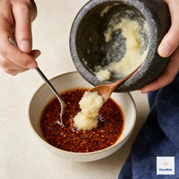 Wet crushed garlic paste is scraped from a stone mortar into deep-red chili oil dressing with fine fried-chili sediment