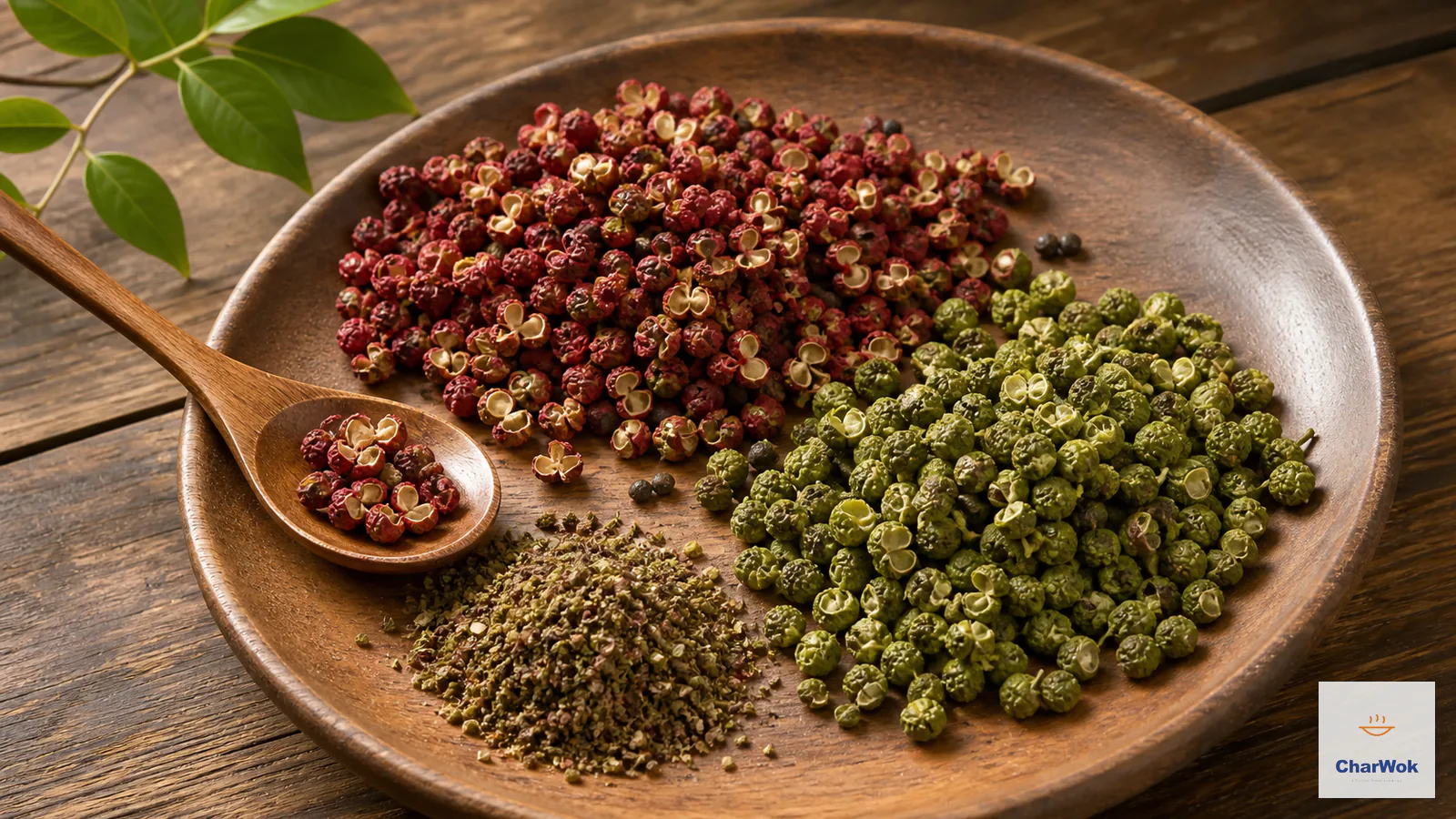 Open red and green Sichuan pepper husks with fresh ground spice and gently infused pepper oil
