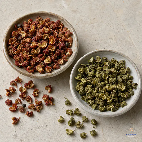 Open warm red-brown Sichuan pepper husks sit beside smaller olive-green husks in two plain ceramic dishes