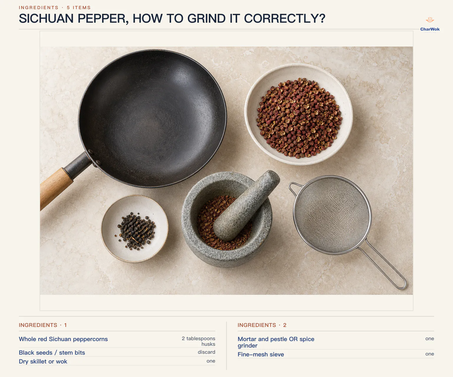 Ingredients for Sichuan pepper, how to grind it correctly?, arranged in a top-down flat lay