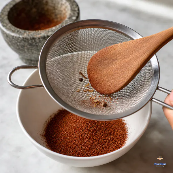 Fine rust-red Sichuan pepper powder rests in a white bowl below a sieve holding only a few pale husk veins and two dark seed fragments