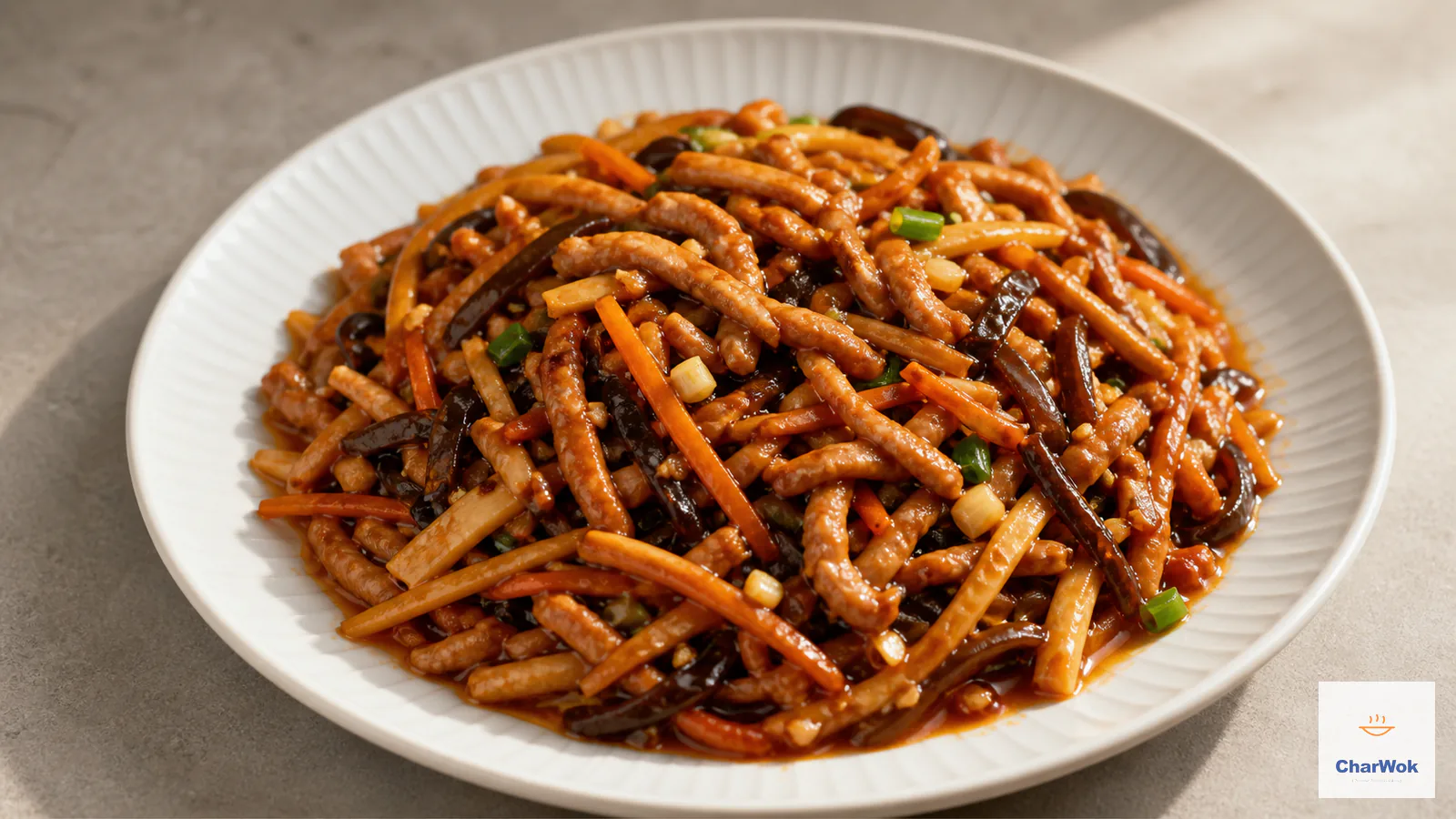 Sichuan fish-fragrant pork shreds with crisp carrot, wood ear and bamboo shoots in a glossy garlic sauce