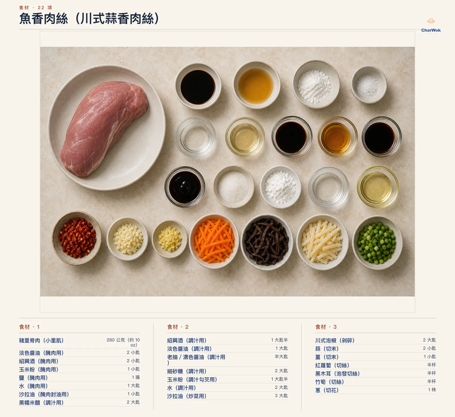 魚香肉絲（川式蒜香肉絲）完整食材俯拍平鋪圖