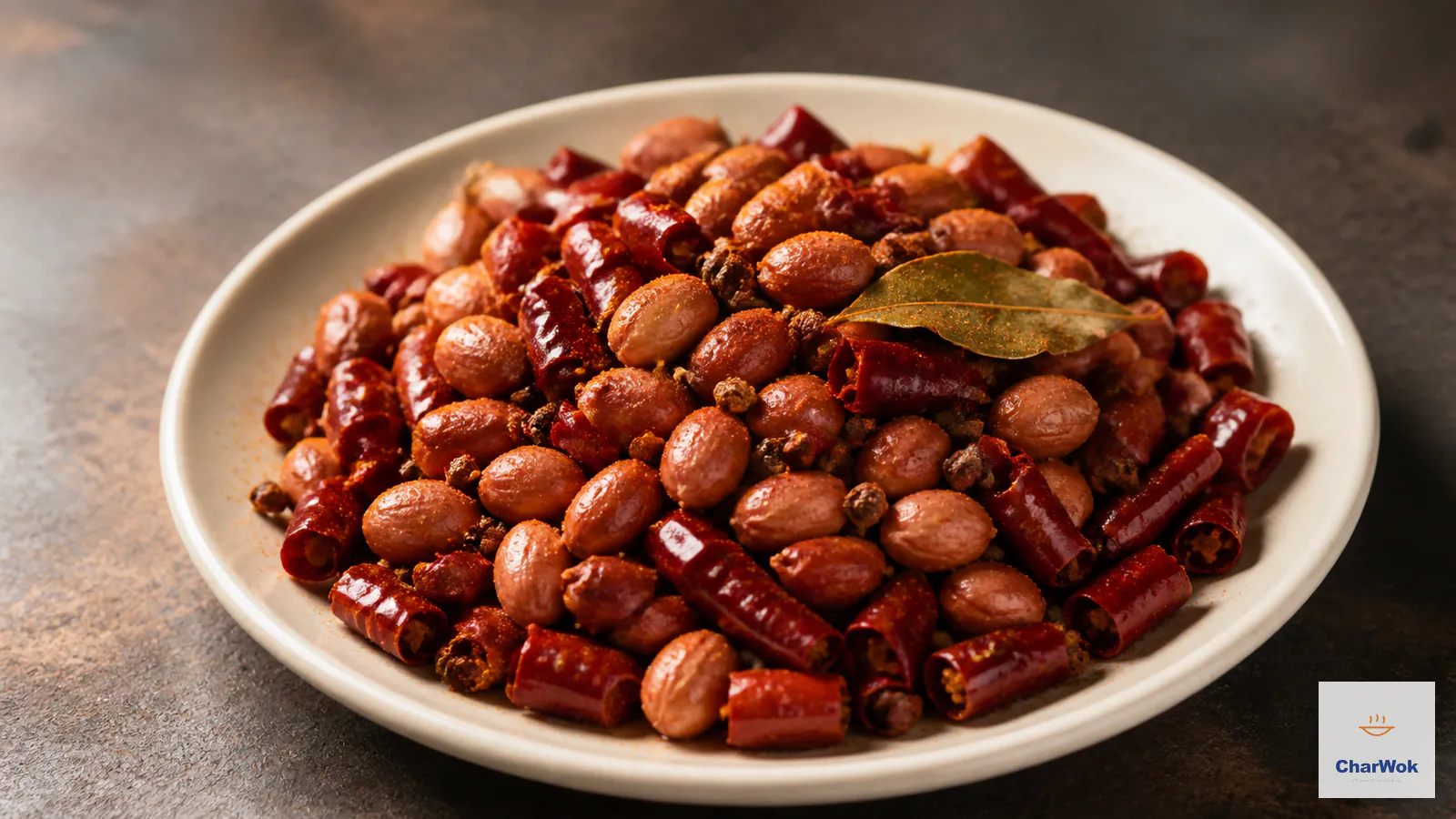 Crisp deep-red Sichuan peanuts with dried chillies, Sichuan pepper and a light savoury spice coating