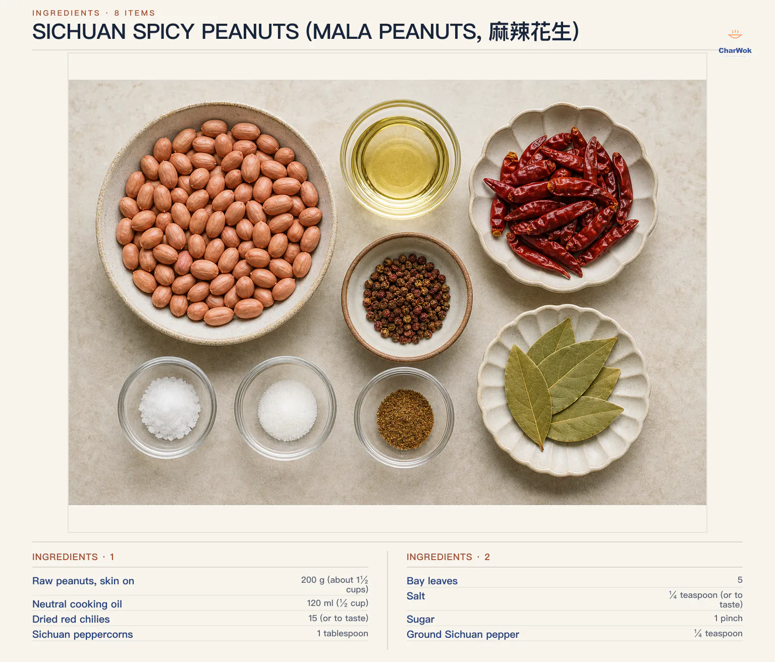 Ingredients for Sichuan spicy peanuts (Mala peanuts, 麻辣花生), arranged in a top-down flat lay