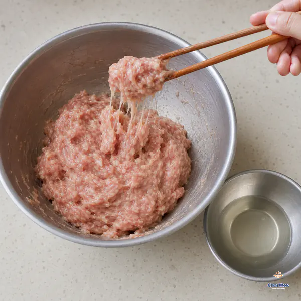 Glossy cohesive pork filling stretches in several short sticky strands from wooden chopsticks with no liquid pooled in the bowl