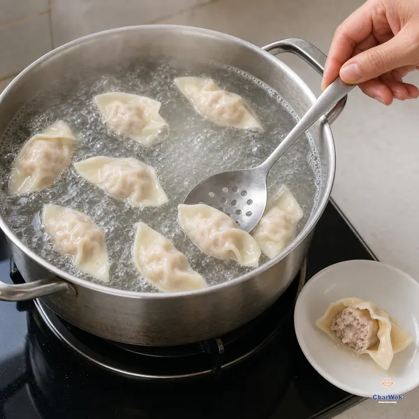 Eight thin wontons float freely in a boiling pot while a thin-tip thermometer checks the pork centre of one large wonton