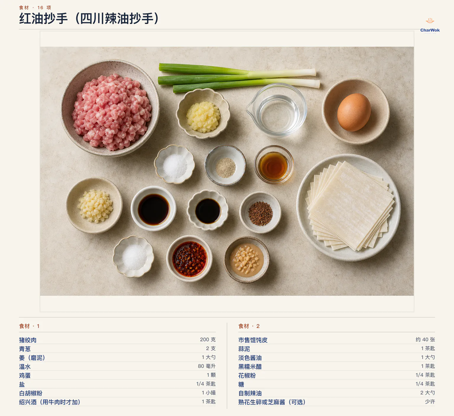 红油抄手（四川辣油抄手）完整食材俯拍平铺图