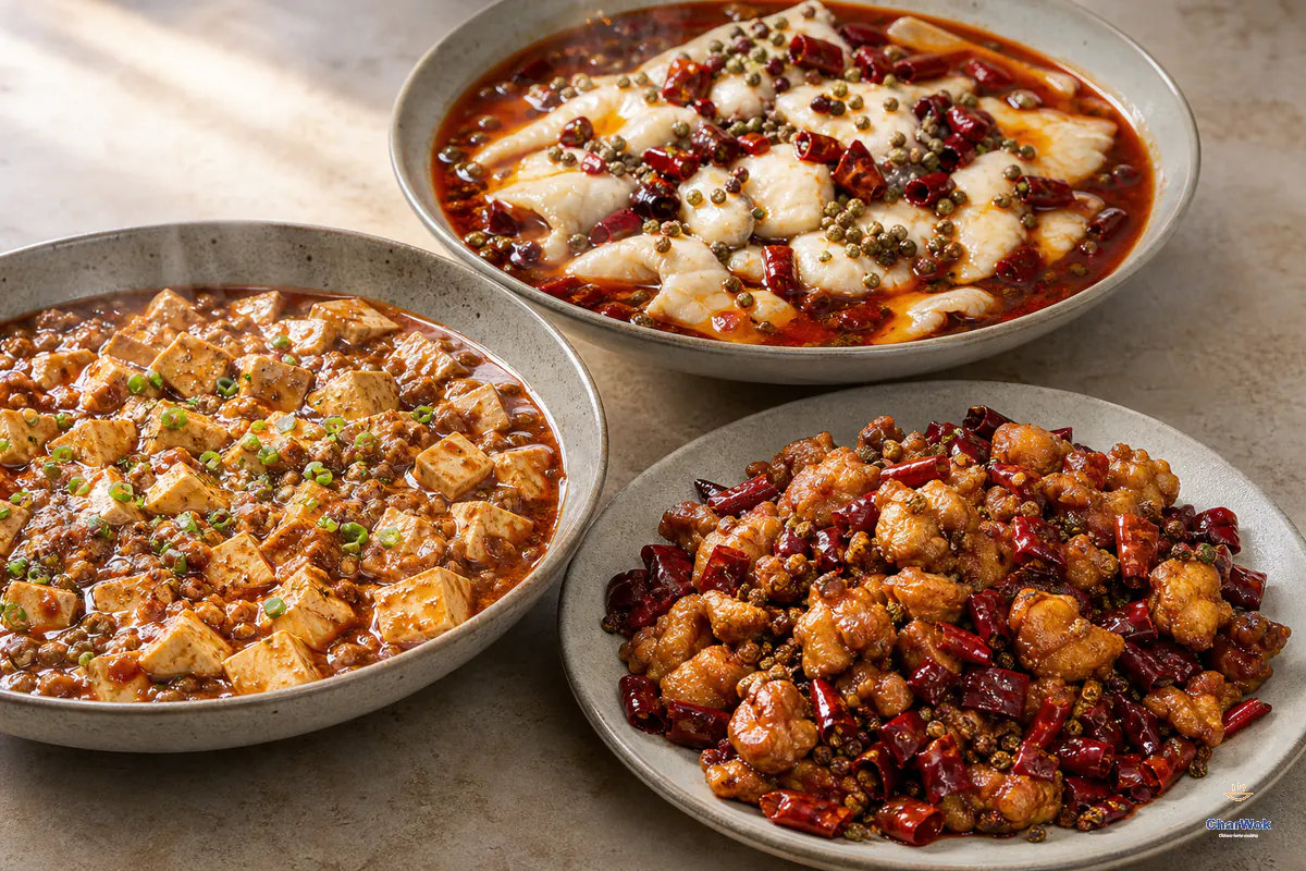Three Sichuan dishes: mapo tofu, water-boiled fish and laziji chicken