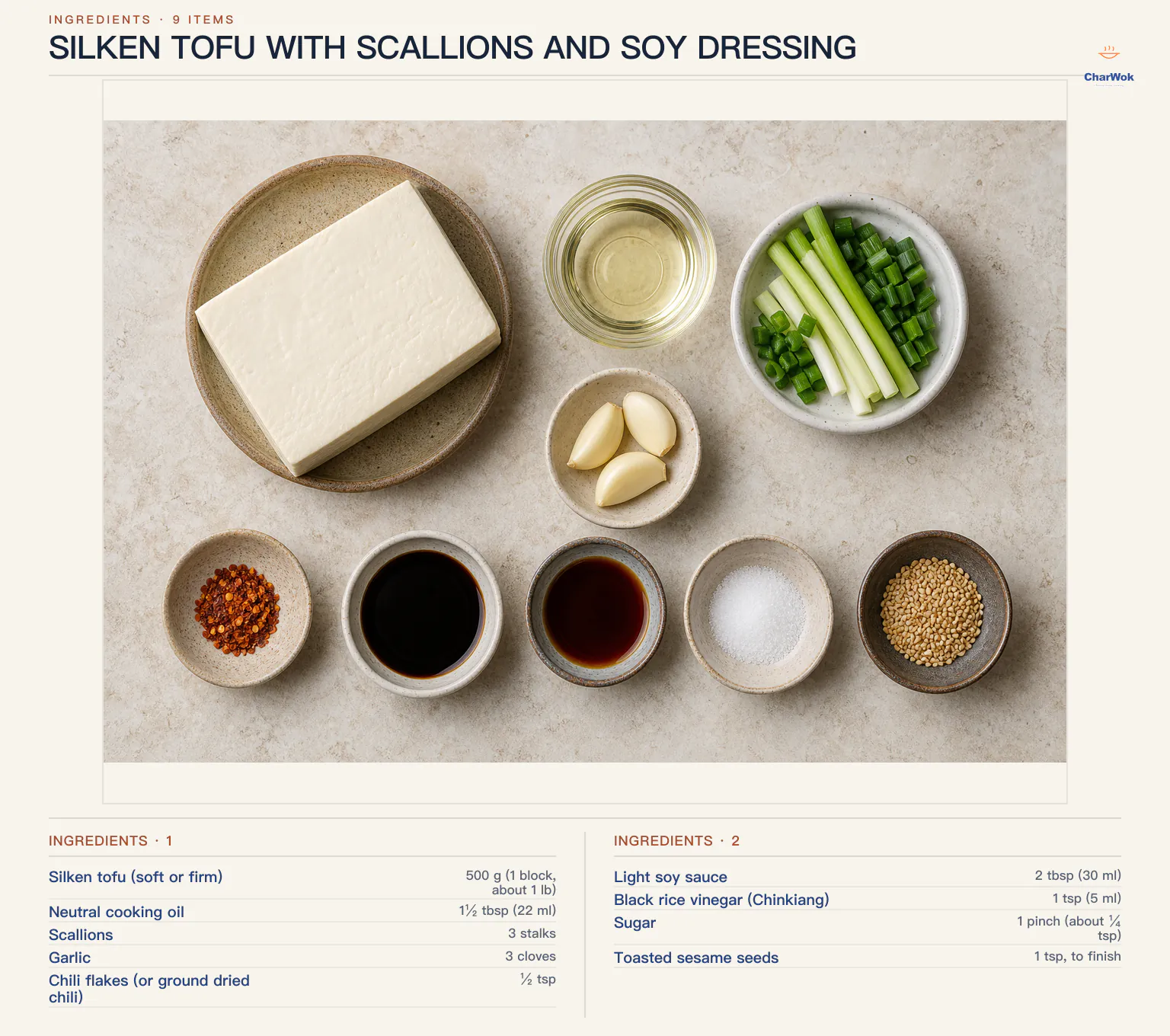 Ingredients for Silken Tofu with Scallions and Soy Dressing, arranged in a top-down flat lay