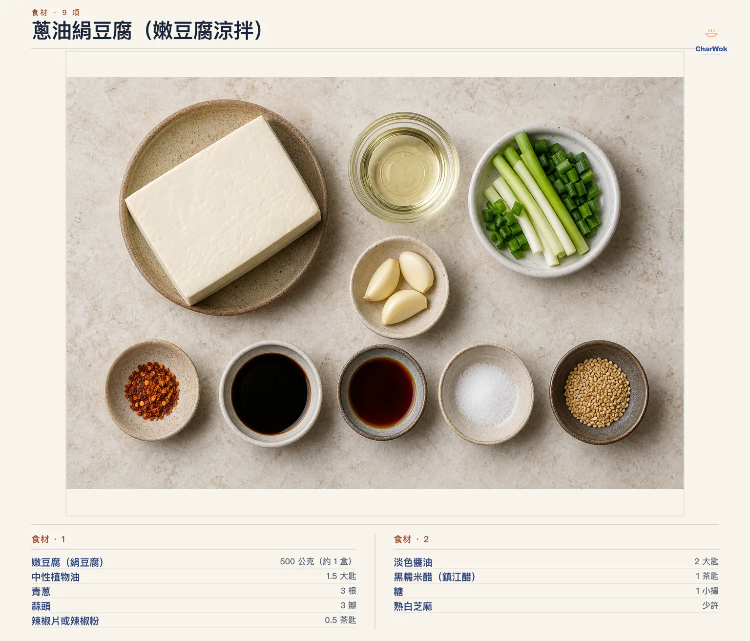 蔥油絹豆腐(嫩豆腐涼拌)完整食材俯拍平鋪圖