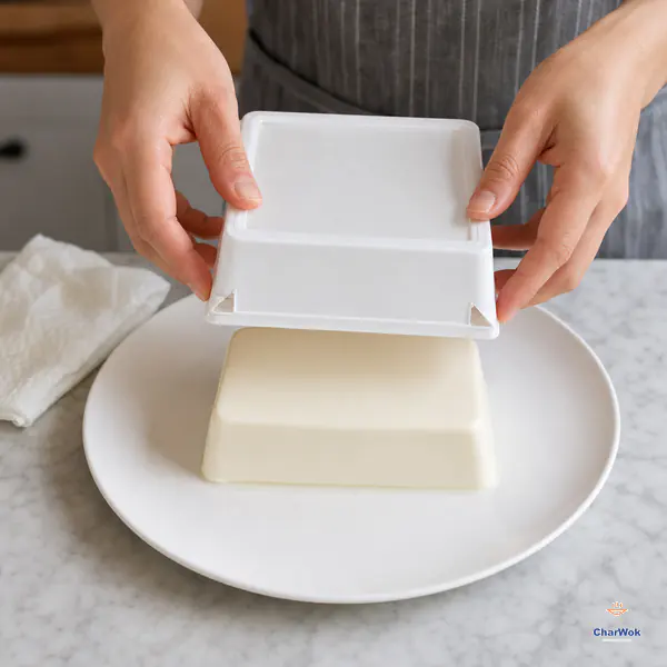 An inverted tofu tub with snipped corner vents lifts straight up from one complete smooth block of silken tofu on a white plate