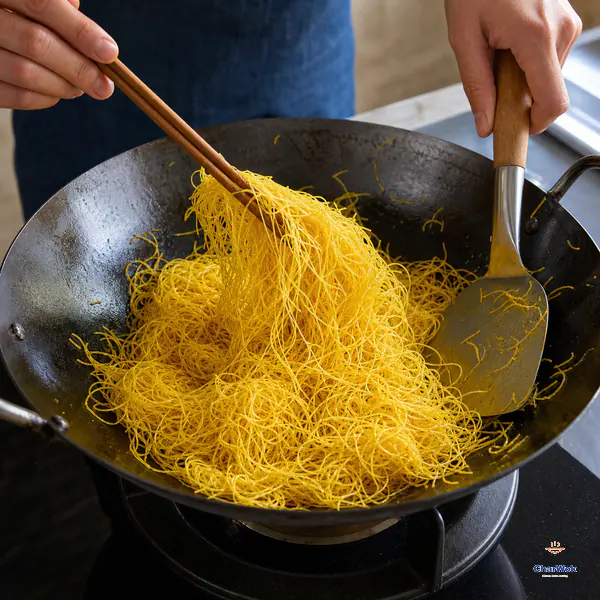 Chopsticks and a wok spatula lift loose rice vermicelli strands evenly coated in bright golden curry oil with no white clumps