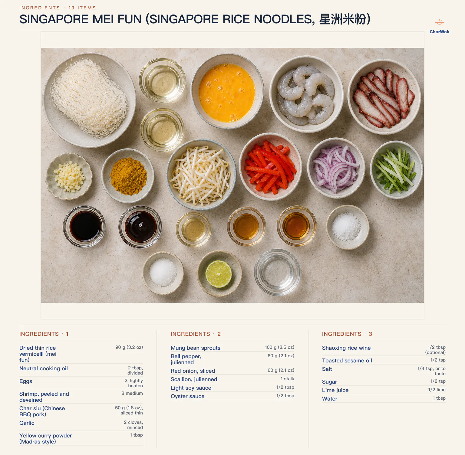 Ingredients for Singapore Mei Fun (Singapore Rice Noodles, 星洲米粉), arranged in a top-down flat lay