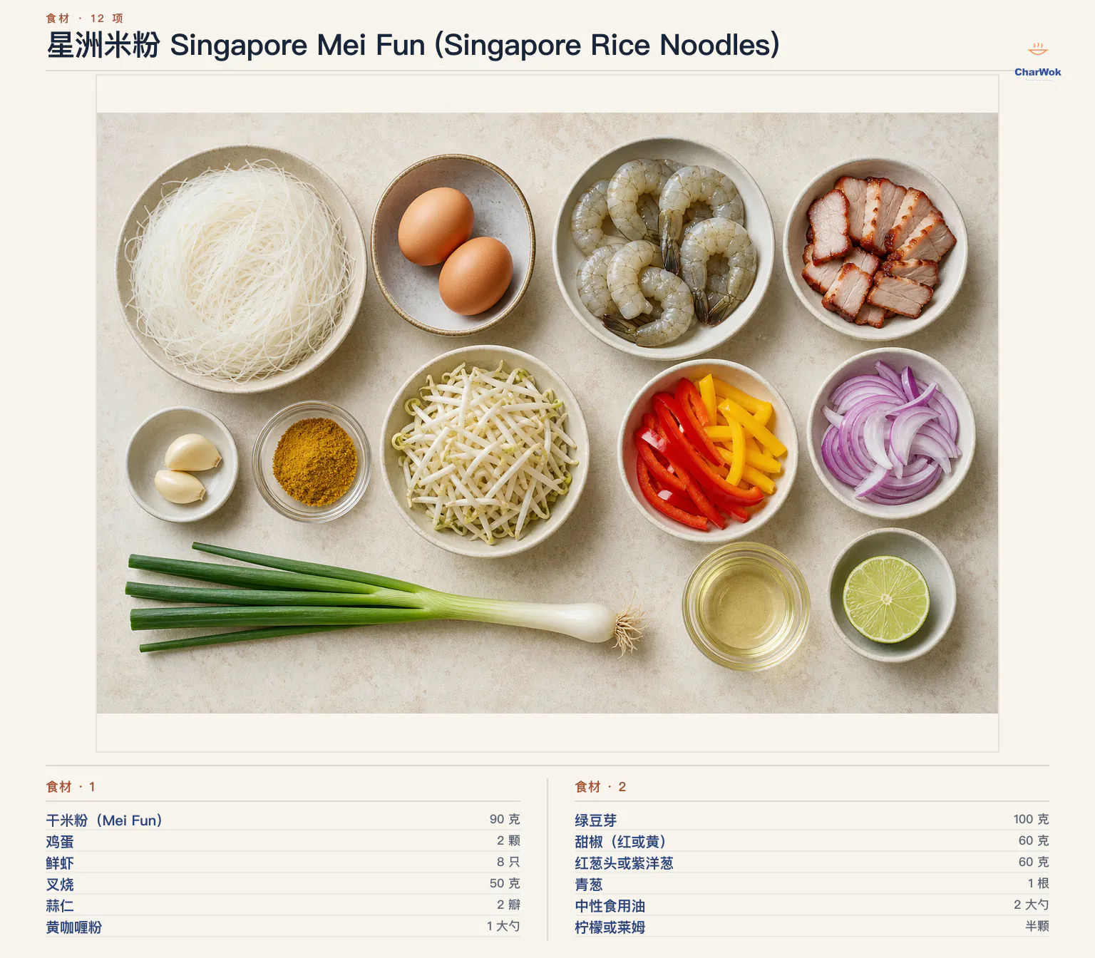 星洲米粉 Singapore Mei Fun (Singapore Rice Noodles)完整食材俯拍平铺图