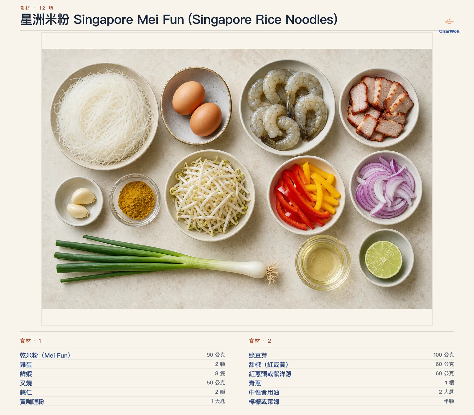 星洲米粉 Singapore Mei Fun (Singapore Rice Noodles)完整食材俯拍平鋪圖
