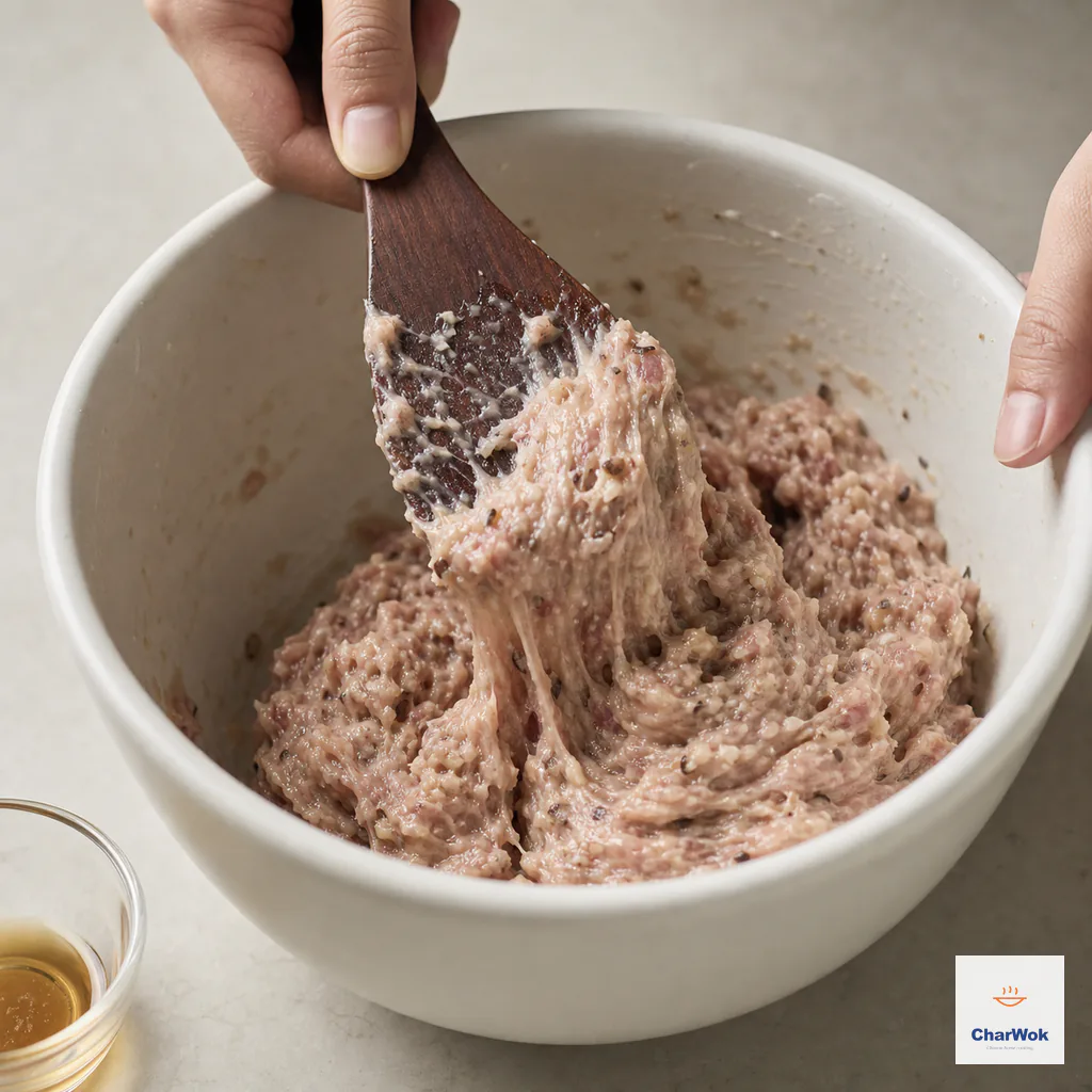 Chopsticks beat ground pork and chopped shiitake into a sticky paste while shrimp pieces and a small cup of mushroom soaking water remain beside the bowl