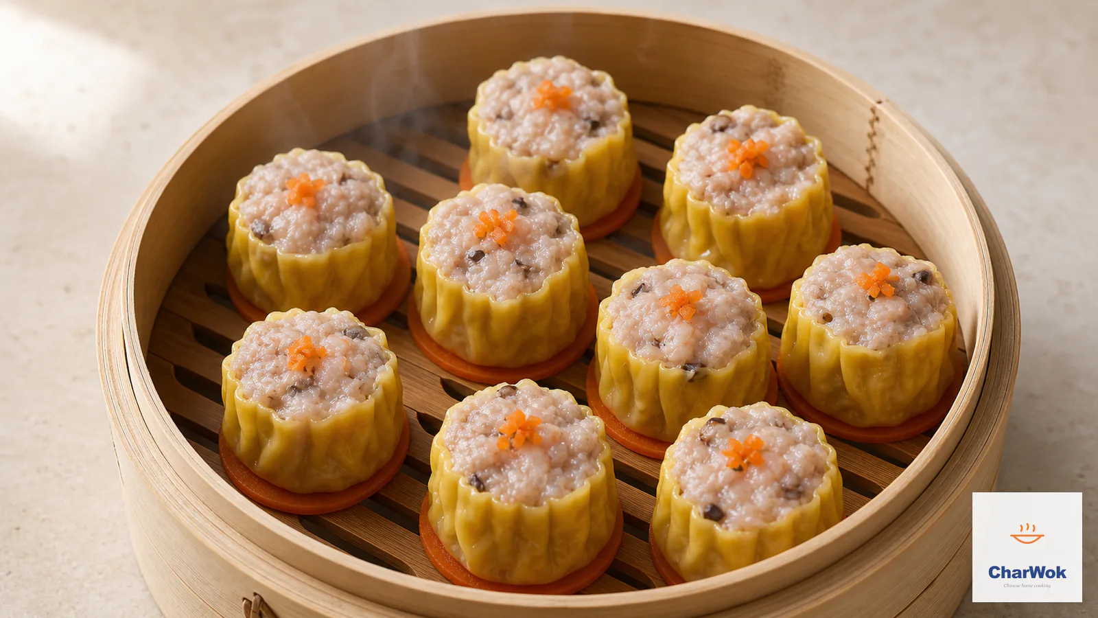 Freshly steamed Cantonese siu mai in a bamboo steamer, with open yellow wrappers around pork and shrimp filling flecked with mushroom, topped with minced carrot and resting on individual carrot slices