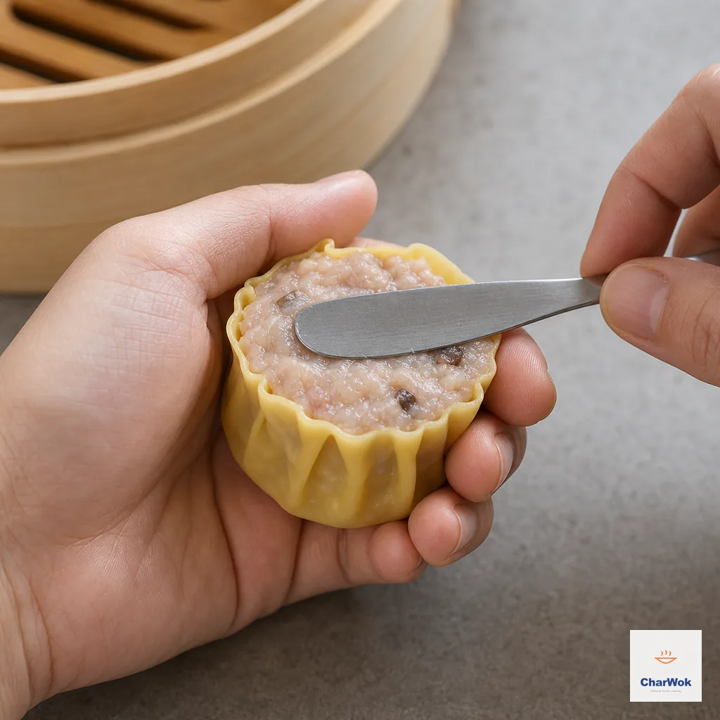 A round yellow wrapper filled with pork and shrimp is held through a ring formed by one hand while a butter knife levels the open top
