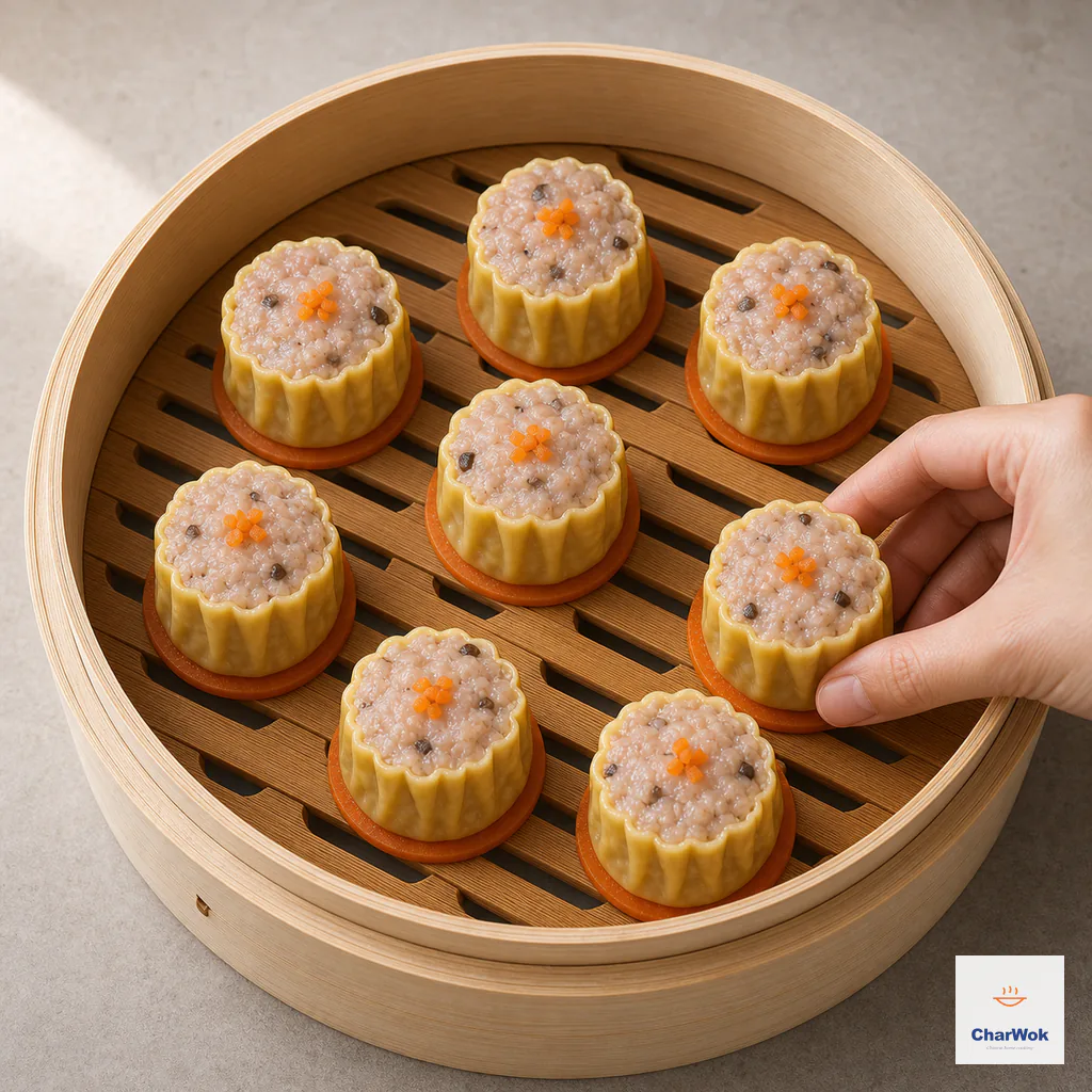 Raw open-top siu mai topped with minced carrot sit apart in a bamboo steamer, each dumpling resting on its own round carrot slice