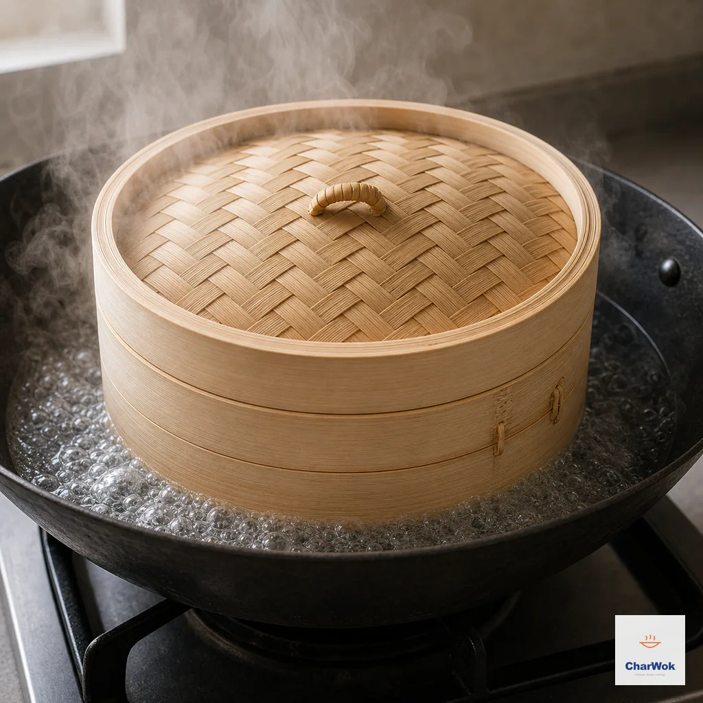 A lidded bamboo steamer holding siu mai sits over a pot of vigorously boiling water with dense steam rising around it