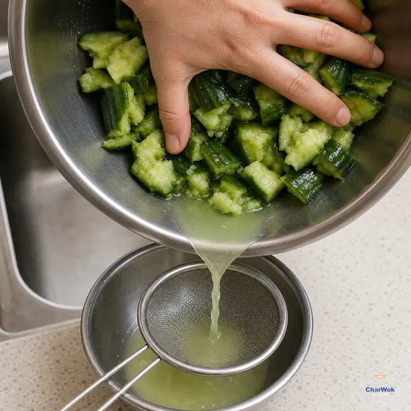 A small amount of cloudy pale-green salted cucumber water drains through a fine strainer while a hand holds back the crisp jagged pieces