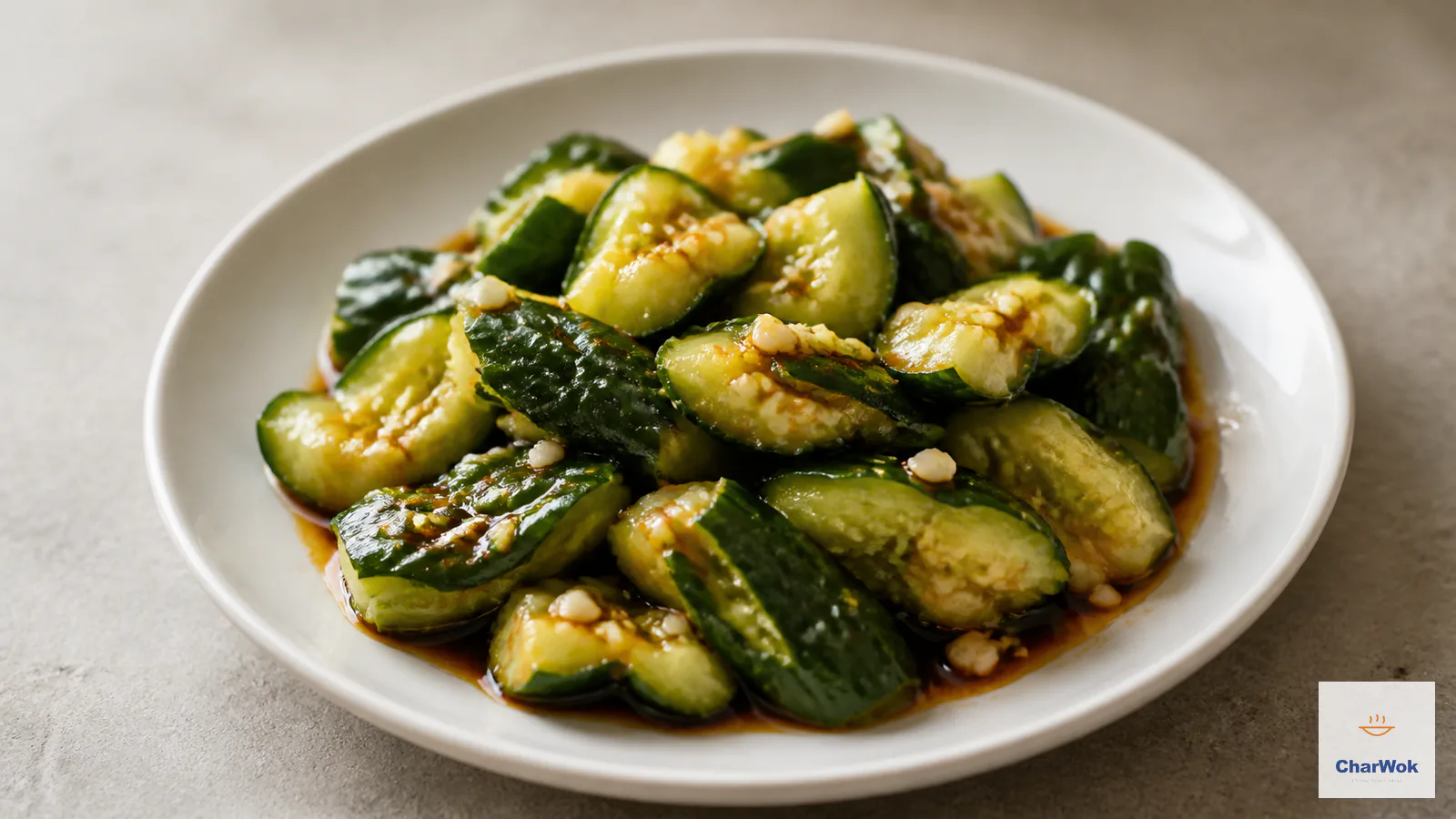 Smashed cucumber salad with crisp jagged cucumber, garlic, black rice vinegar, chilli oil and sesame