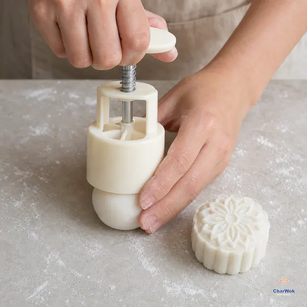 A plain spring mooncake press stands vertically over a white filled ball beside one released snow-skin mooncake with a crisp floral relief