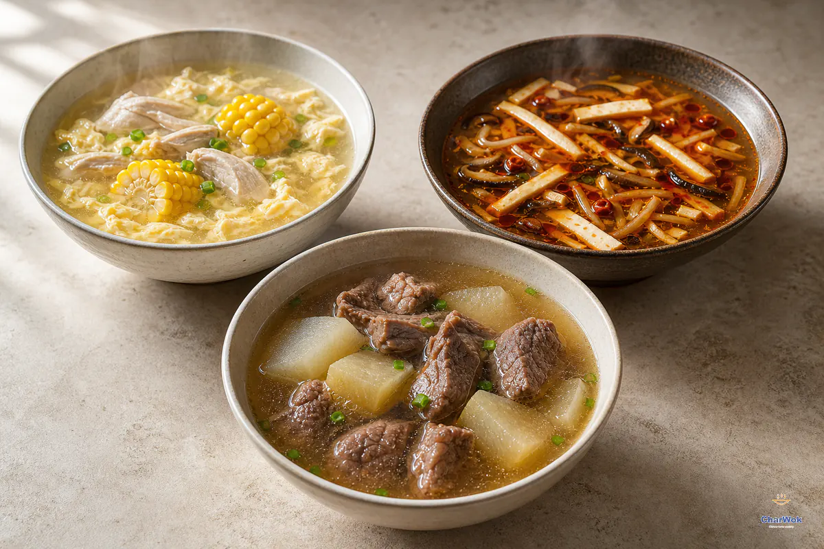 Chicken corn soup, hot and sour soup and braised beef with daikon