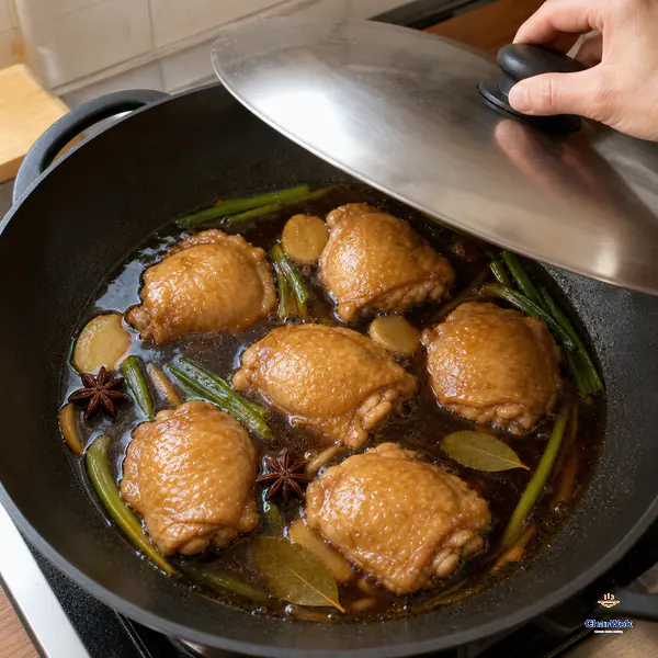 Six whole chicken thighs sit skin-side up after turning in one non-overlapping layer of dark soy broth with only small lazy bubbles
