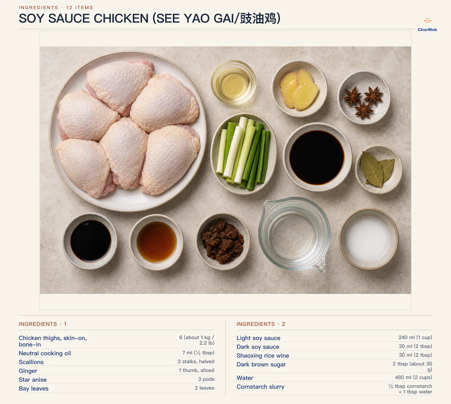 Ingredients for Soy Sauce Chicken (See Yao Gai/豉油鸡), arranged in a top-down flat lay