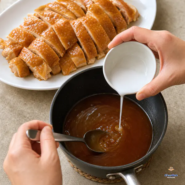A thin stream of white cornstarch slurry is stirred into strained dark soy broth as sliced boneless chicken waits on a platter