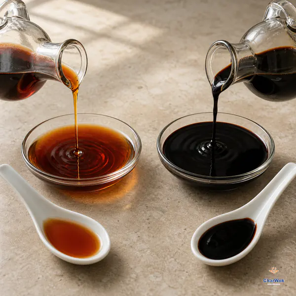 Identical cruets pour translucent reddish-brown light soy in a thin stream and opaque near-black dark soy in a thicker ribbon into matching glass dishes