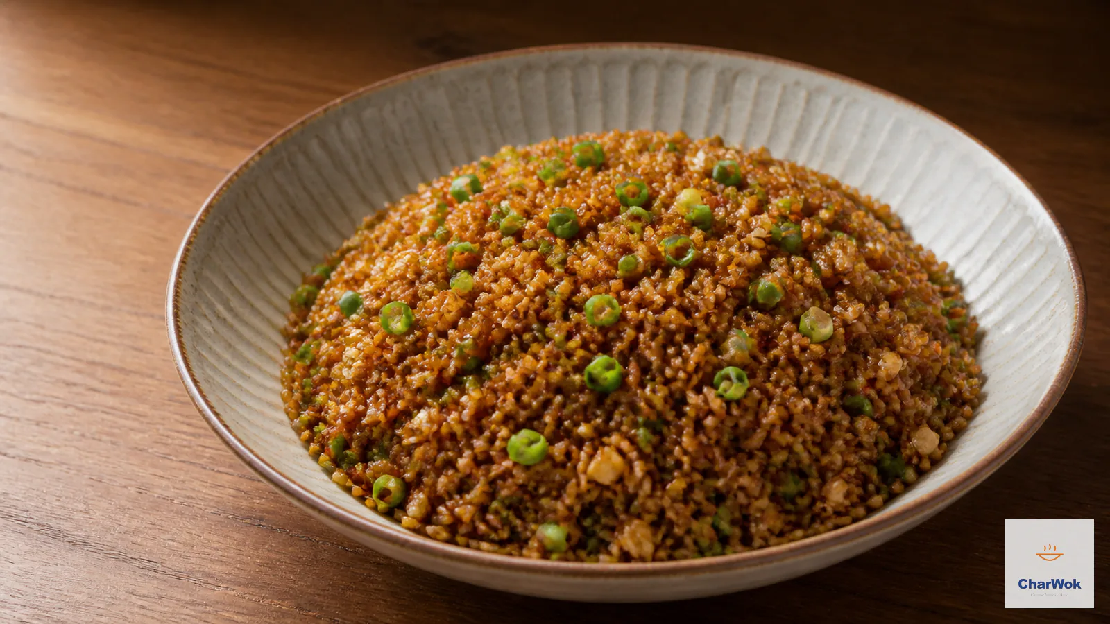 Warm brown soy sauce fried rice with separate grains and bright green scallion