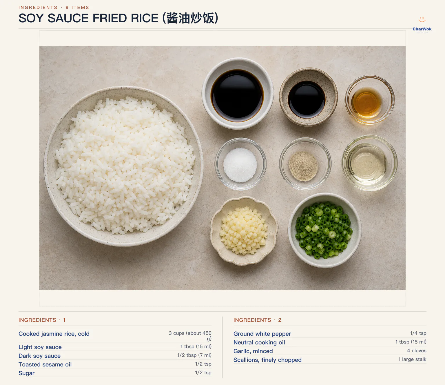 Ingredients for Soy Sauce Fried Rice (酱油炒饭), arranged in a top-down flat lay