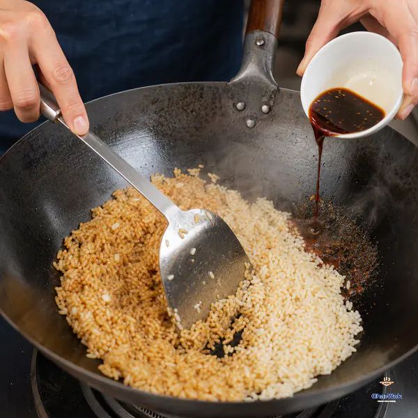 Dark soy seasoning streams onto the exposed hot inner rim of a wok while a spatula turns separate rice grains from pale to warm brown