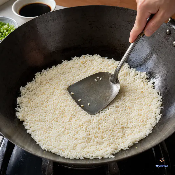 The broad back of a wok spatula presses separate pale rice grains into a thin even layer against a seasoned carbon-steel wok