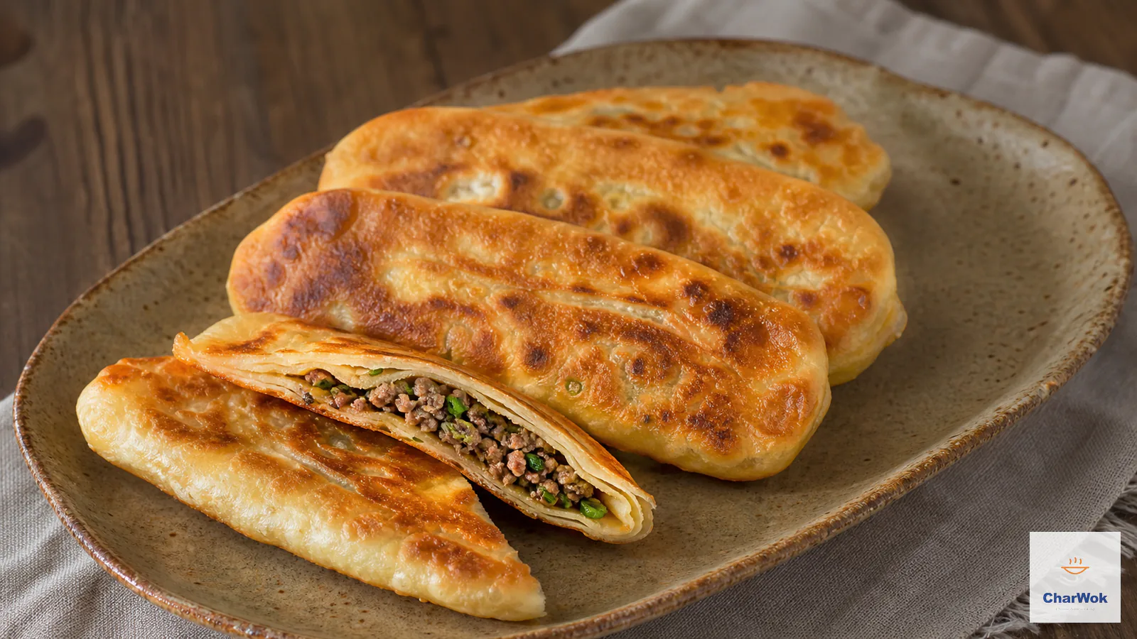 Crisp golden guo kui flatbreads with flaky layers and one cut open to reveal juicy beef and scallion filling