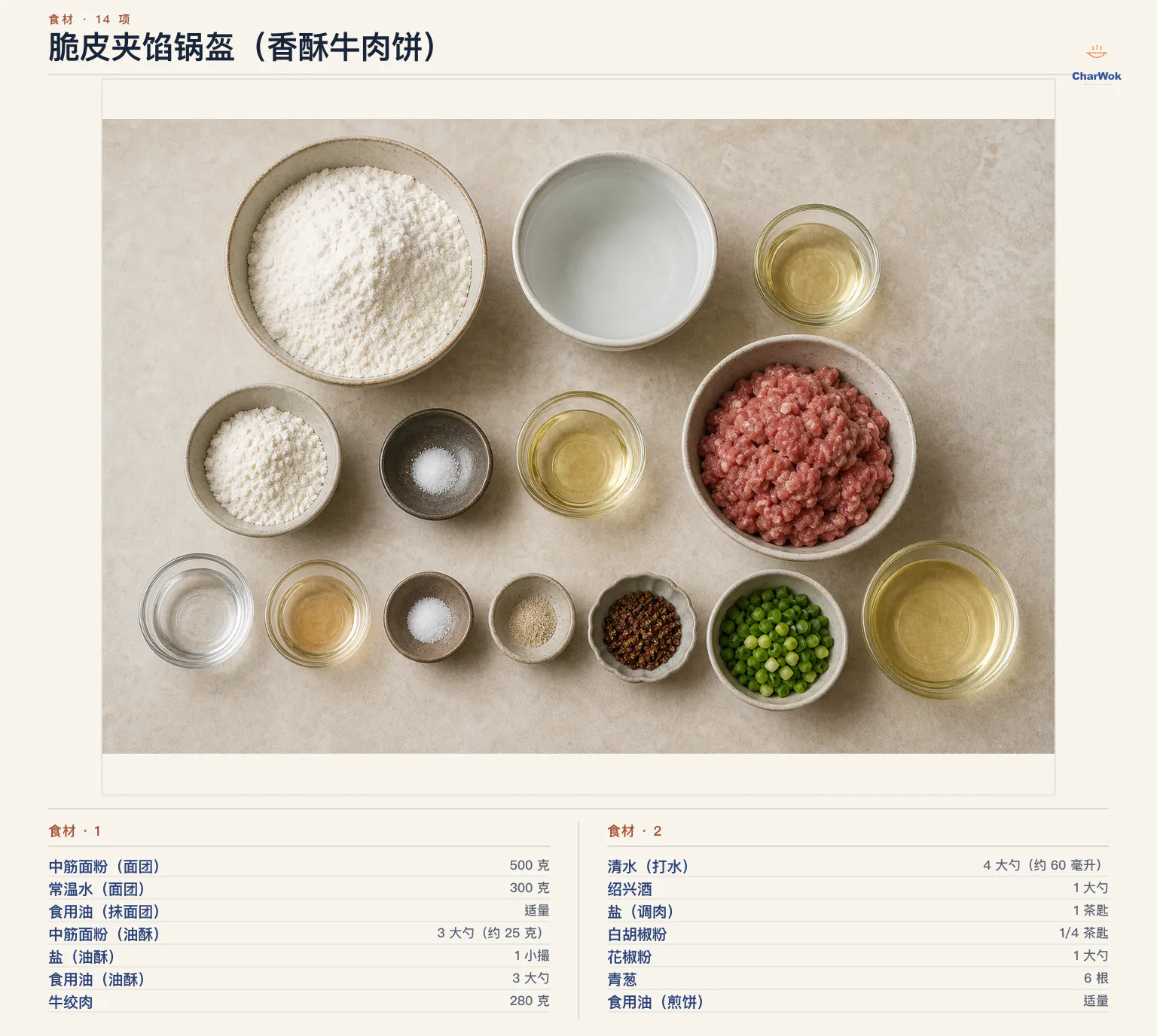 脆皮夹馅锅盔(香酥牛肉饼)完整食材俯拍平铺图
