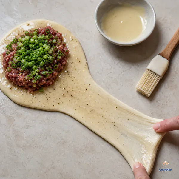 Soft dough forms a broad round head and long clean tail, with oil paste and Sichuan pepper beneath one beef portion and chopped scallion on the wide end