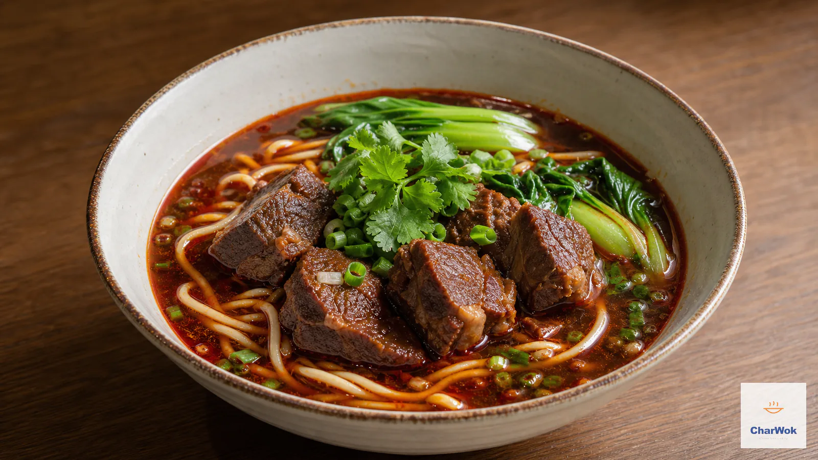 Spicy Sichuan beef noodle soup with tender beef cubes, chewy noodles, bok choy, scallion and cilantro in clear red broth