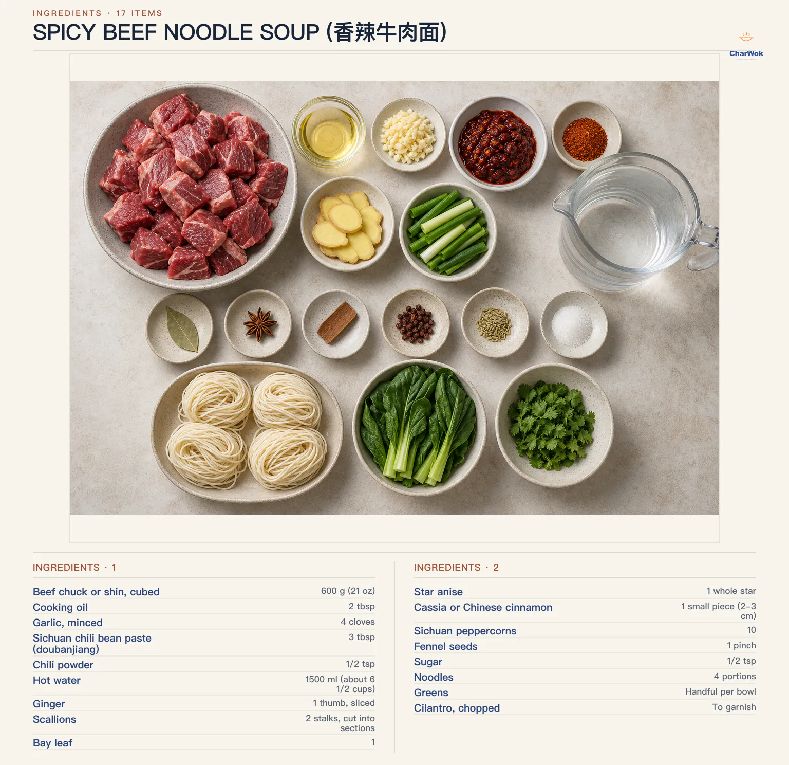 Ingredients for Spicy beef noodle soup (香辣牛肉面), arranged in a top-down flat lay