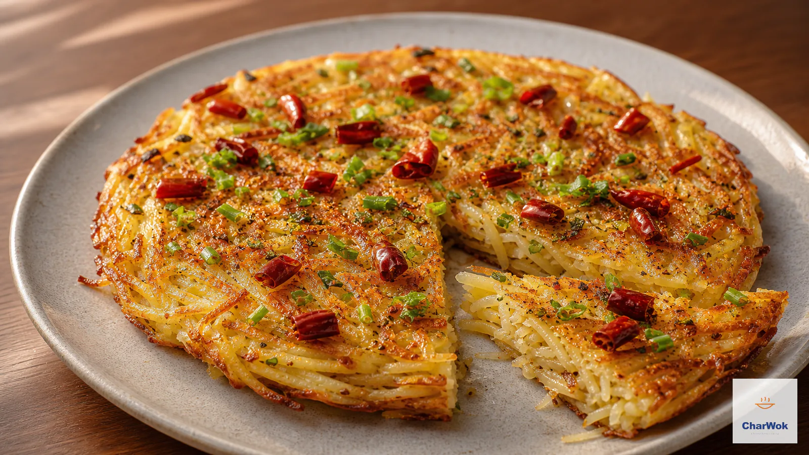 Thin crisp Chinese shredded potato pancake with scallion, dried chilli and Sichuan pepper, with one wedge cut out