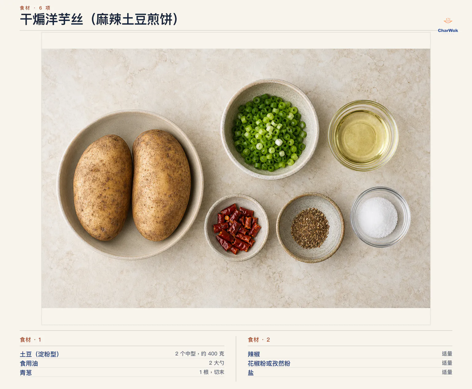 干煸洋芋丝(麻辣土豆煎饼)完整食材俯拍平铺图