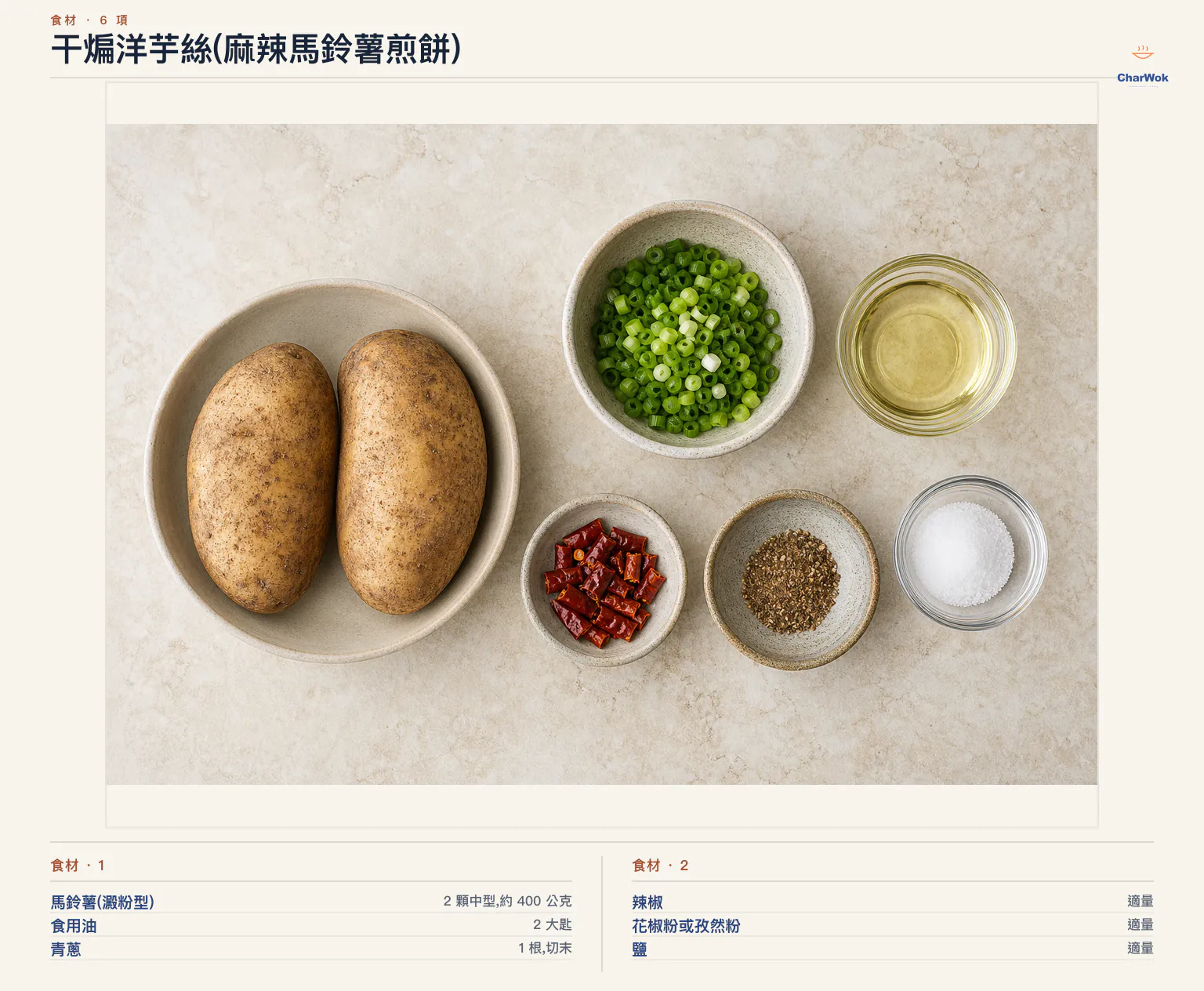 干煸洋芋絲(麻辣馬鈴薯煎餅)完整食材俯拍平鋪圖