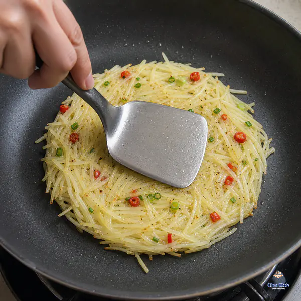 A broad spatula presses fine starchy potato matchsticks with scallion and red chilli into one even thin round in a nonstick skillet