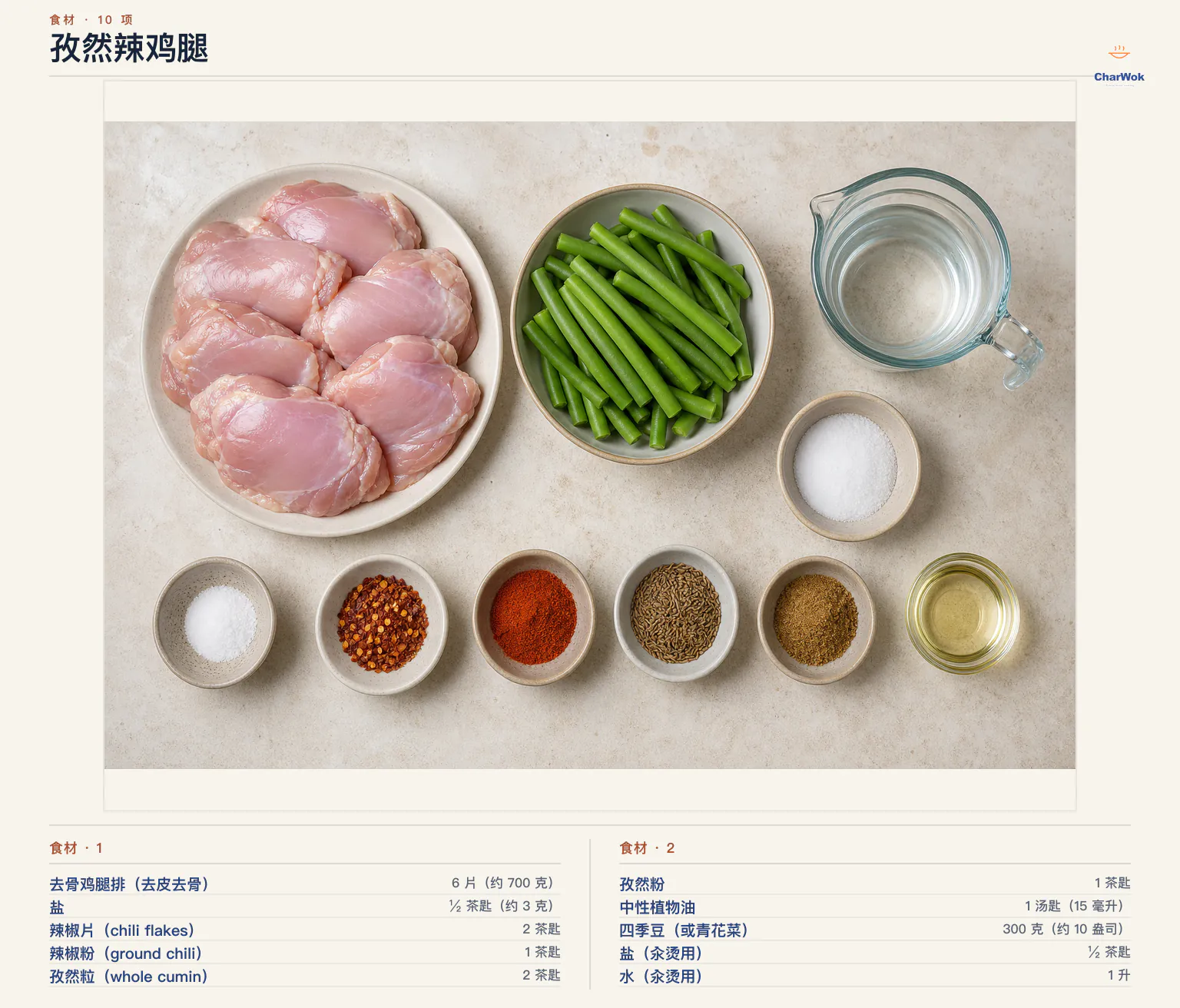 孜然辣鸡腿完整食材俯拍平铺图
