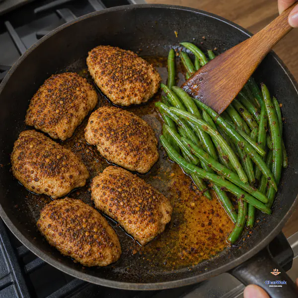 Six golden cumin-crusted chicken thighs sit on one side of the skillet while glossy green beans sizzle in orange-red spiced fat on the other