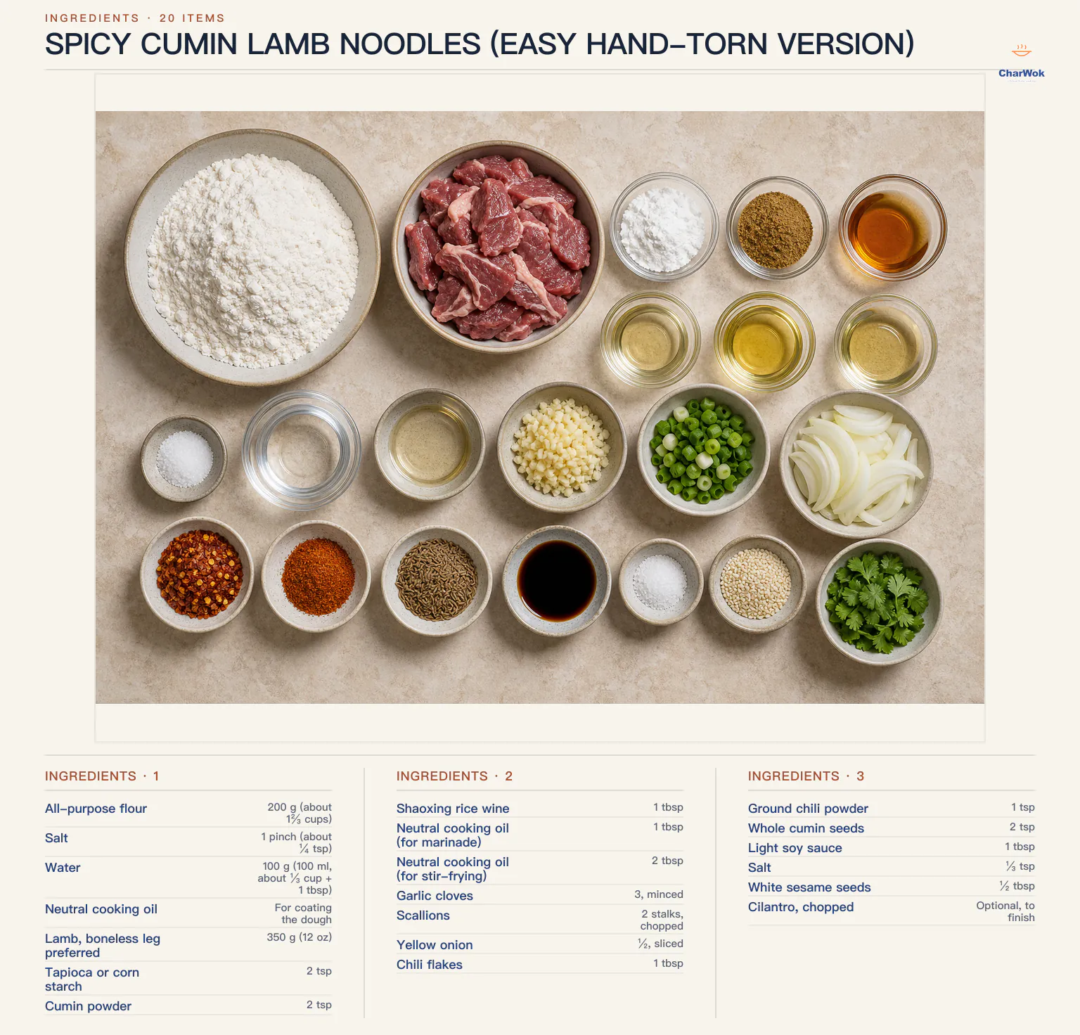 Ingredients for Spicy Cumin Lamb Noodles (Easy Hand-torn Version), arranged in a top-down flat lay